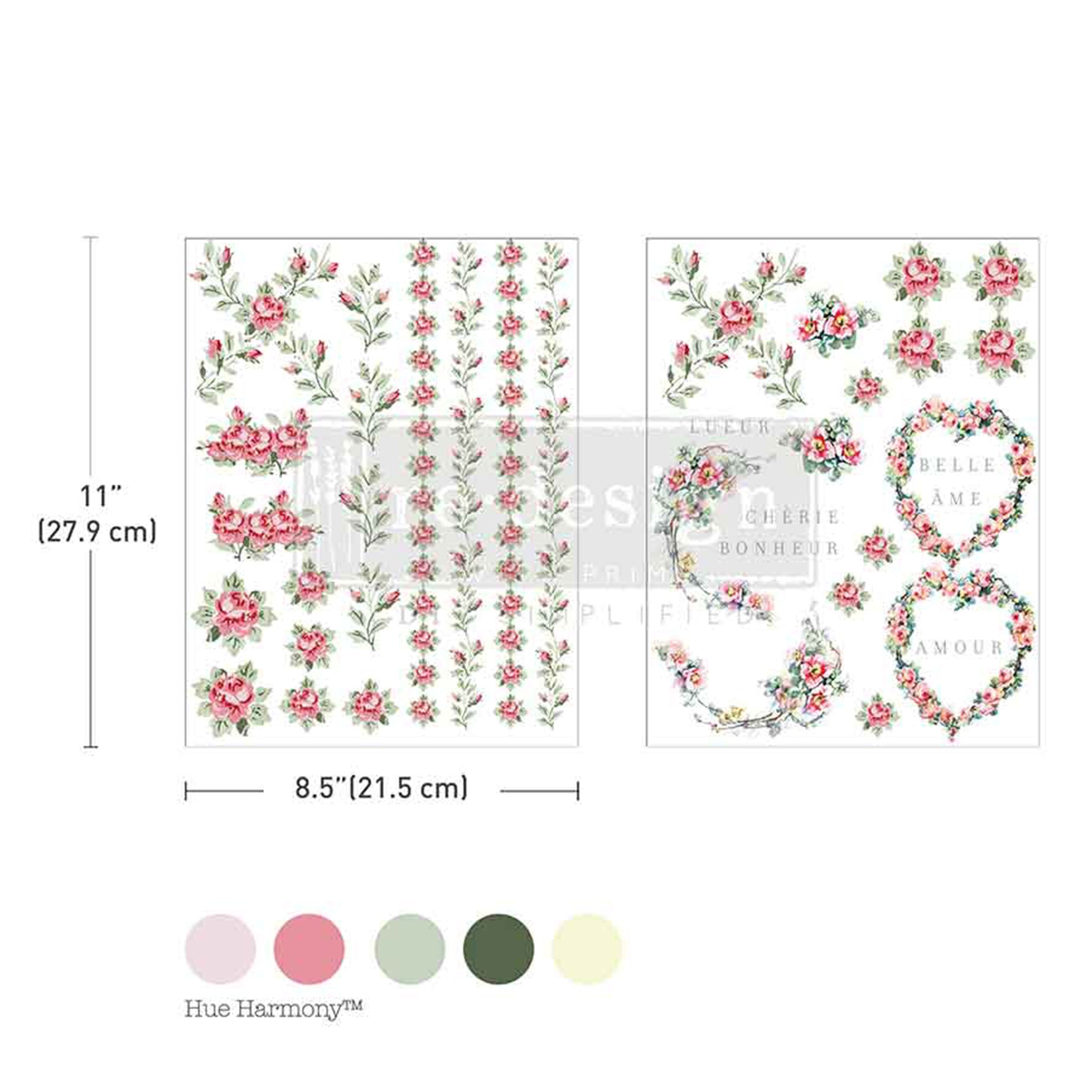 Two sheets of ReDesign with Prima's Nostalgic Blooms H2O Water Transfers are against a white background with 5 color samples at the bottom. Measurements for 1 sheet reads: 11" (27.9 cm) x 8.5" (21.5 cm).