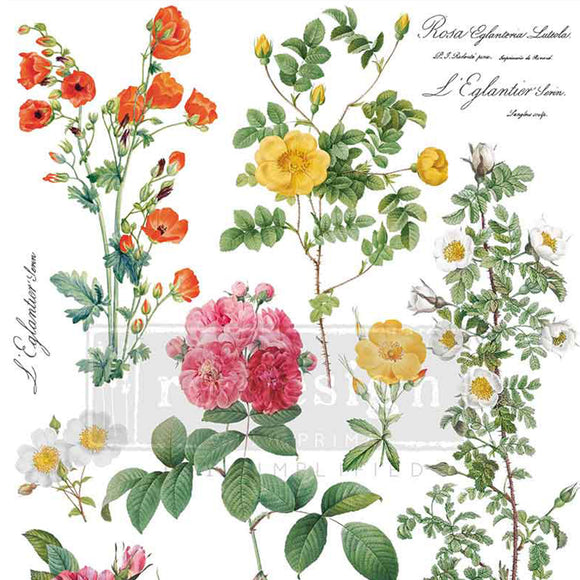 Closeup of Poetry in Petals water activated transfer decals with pink roses, yellow blooms, and vintage botanical script