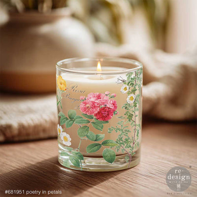 Glass candle jar decorated with Poetry in Petals H2O water transfer featuring pink roses and delicate white flowers