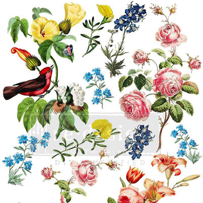 Rustic Romance H2O water slide transfer closeup – vintage roses, wildflowers, botanical sprigs and red bird 