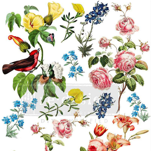 Rustic Romance H2O water slide transfer closeup – vintage roses, wildflowers, botanical sprigs and red bird 