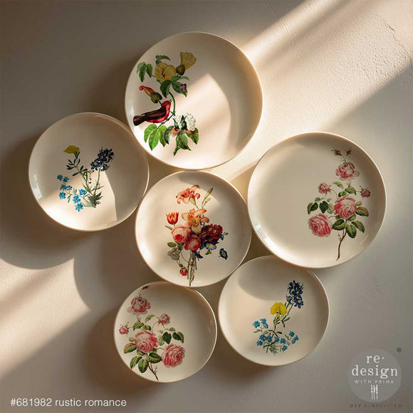Rustic Romance water slide transfers applied to plates – ReDesign with Prima H2O floral roses wildflowers and red bird design