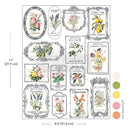 Whispers & Petals H2O water slide transfer size guide showing 8.5x11 inch sheet with vintage botanical label designs