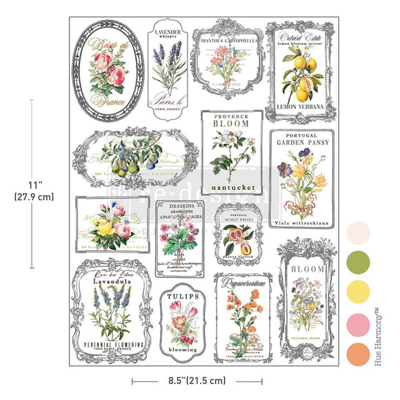 Whispers & Petals H2O water slide transfer size guide showing 8.5x11 inch sheet with vintage botanical label designs
