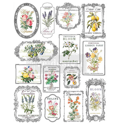 ReDesign with Prima Whispers & Petals H2O water slide transfer sheet with vintage floral labels, lavender, roses, and lemon artwork