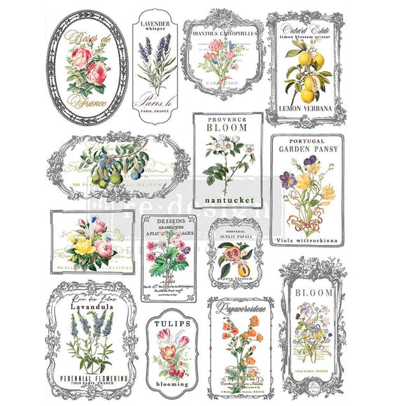 ReDesign with Prima Whispers & Petals H2O water slide transfer sheet with vintage floral labels, lavender, roses, and lemon artwork