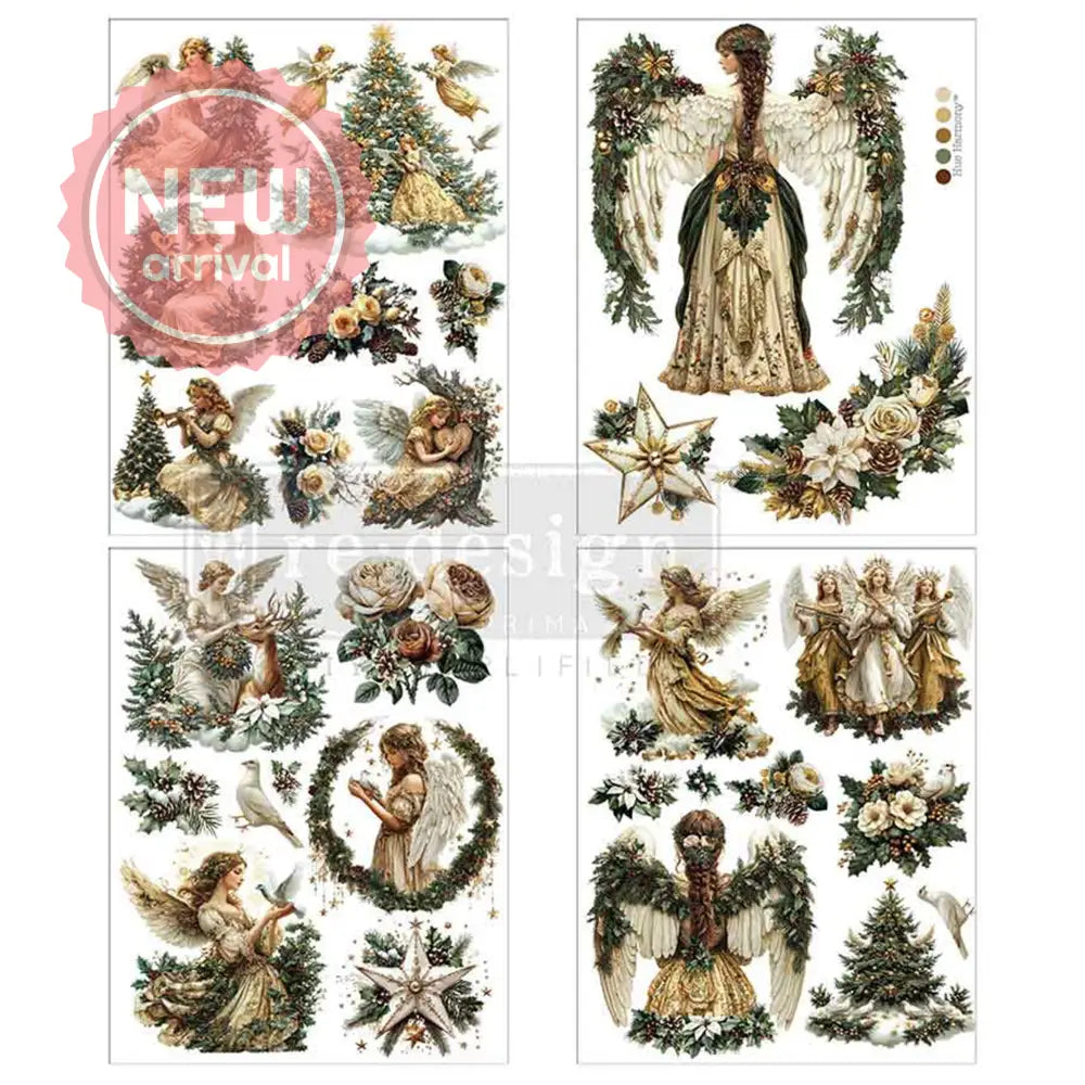 Four sheets of small rub-on transfers featuring charming angels surrounding Christmas trees and wreaths are against a white background.
