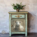 Nightstand makeover using Hillside Grazing A3 fiber decoupage paper on a cabinet door for rustic farmhouse decor