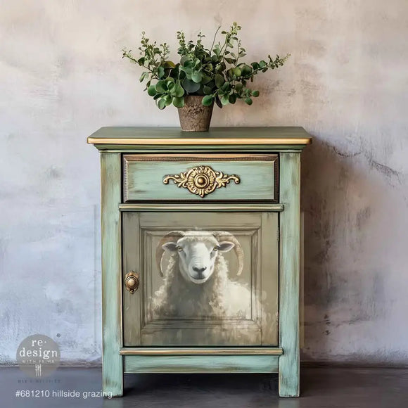 Nightstand makeover using Hillside Grazing A3 fiber decoupage paper on a cabinet door for rustic farmhouse decor