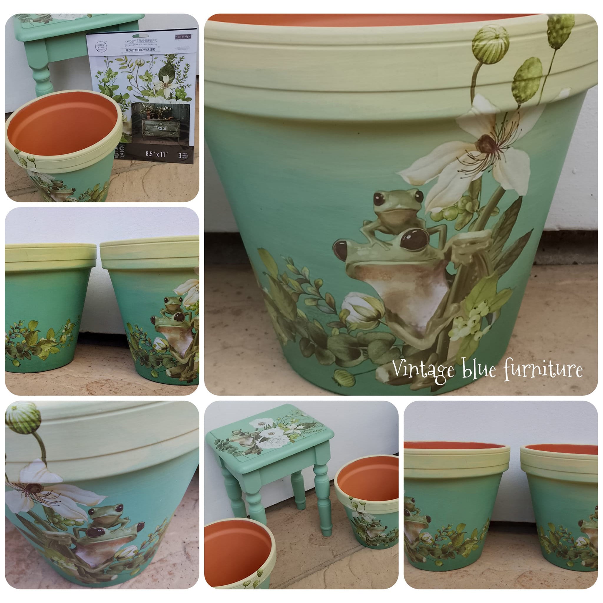 A collage of photos of terra cotta planter pots refurbished by Vintage Blue Furniture are painted an ombre of mint and spring green and features ReDesign with Prima's Froggy Meadow Greens 8.5" x 11" transfer on them.