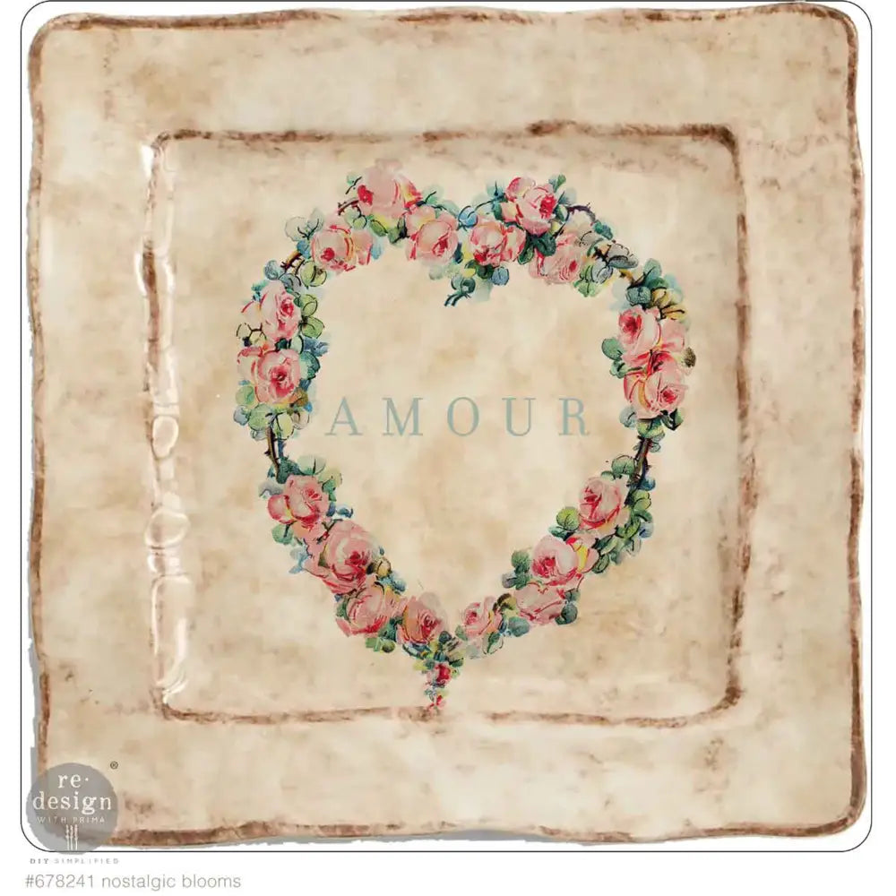 A vintage Italian style square plate features ReDesign with Prima's Nostalgic Blooms H2O Water Slide Transfer on the center of the plate.