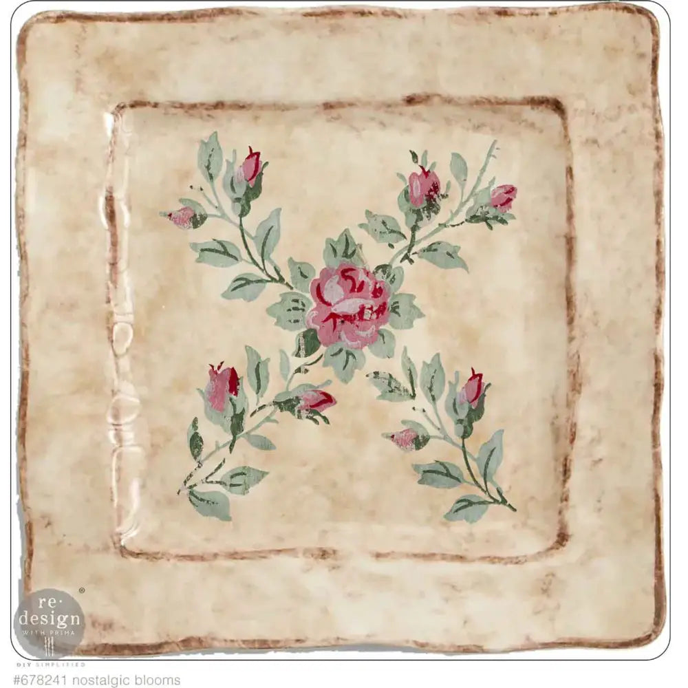 A vintage Italian style square plate features ReDesign with Prima's Nostalgic Blooms H2O Water Slide Transfer on the center of the plate.
