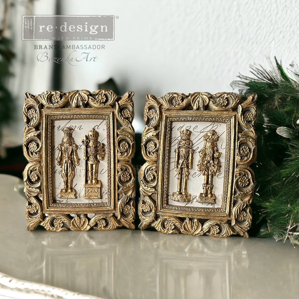 Two ornate gold frames feature gold painted castings of ReDesign with Prima's Wooden Nutcracker silicone mould created by Bozena Art.