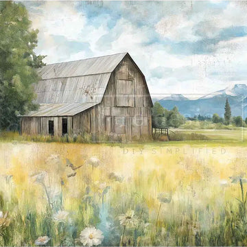 ReDesign with Prima Old Barn Whispers A3 fiber decoupage paper closeup, rustic barn in meadow with wildflowers and mountains