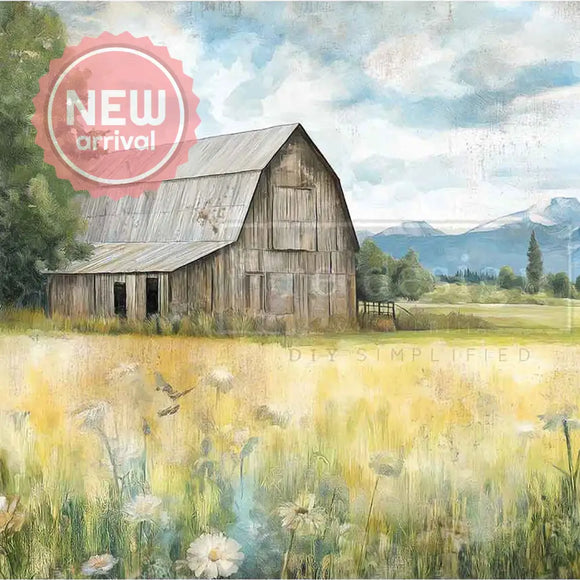 ReDesign with Prima Old Barn Whispers A3 fiber decoupage paper closeup, rustic barn in meadow with wildflowers and mountains