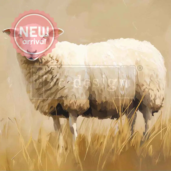 ReDesign with Prima Pasture Dreams A3 fiber decoupage paper close-up of white sheep in golden pasture artwork