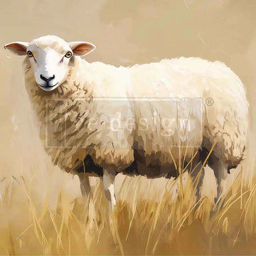 ReDesign with Prima Pasture Dreams A3 fiber decoupage paper close-up of white sheep in golden pasture artwork