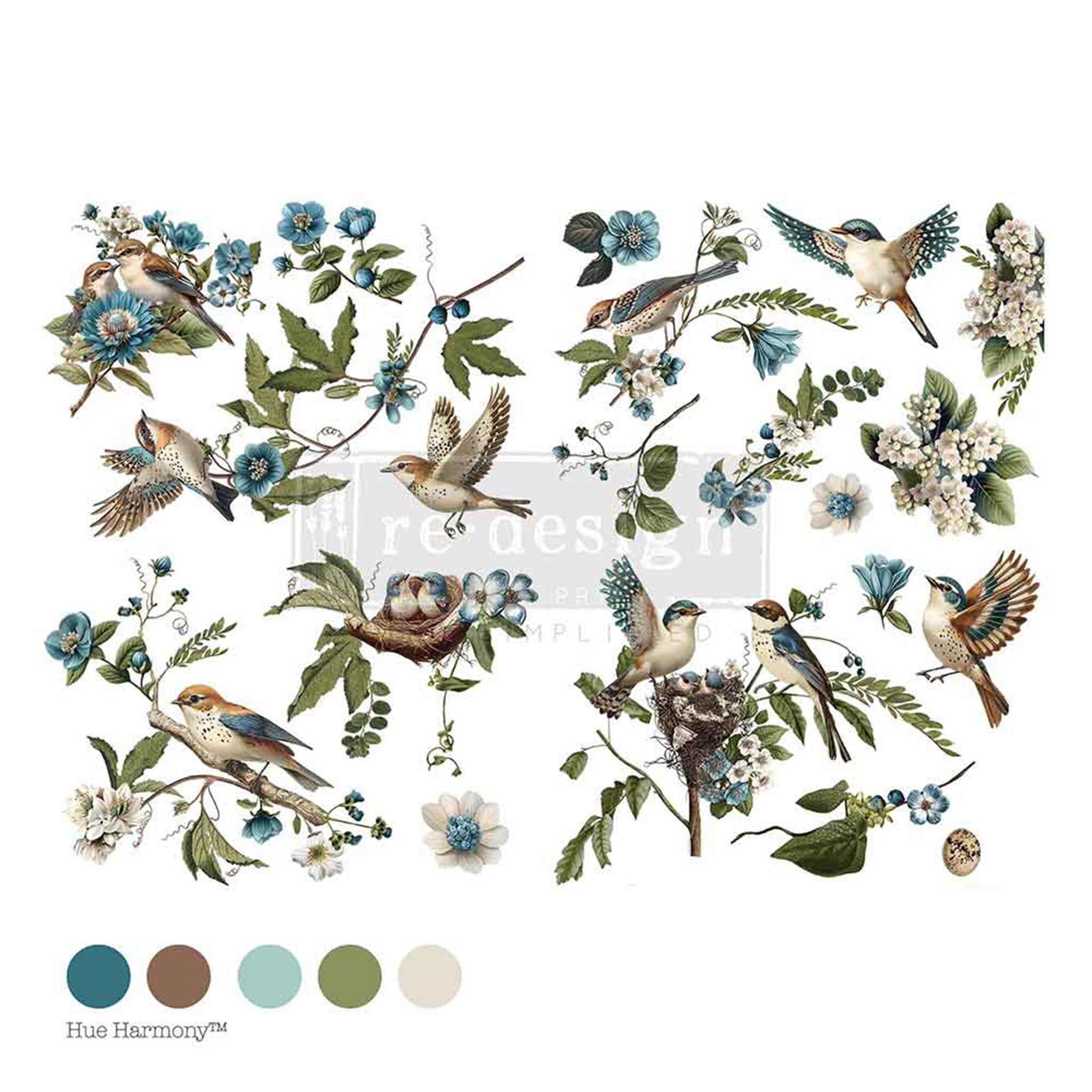 Rub-on furniture transfer featuring playful birds nestled among vibrant blue flowers is against a white background. A 5 color sample is below the transfer.