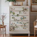 A 5-drawer chest dresser is painted soft white and features ReDesign with Prima's Aviary Elegance rub-on furniture transfer on the drawers.