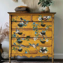 A vintage 6-drawer chest dresser is painted amber yellow and features ReDesign with Prima's Aviary Elegance rub-on furniture transfer on the front.