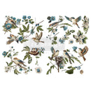 Rub-on furniture transfer featuring playful birds nestled among vibrant blue flowers is against a white background.
