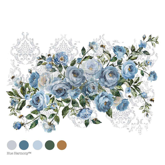 ReDesign with Prima's Azure Blossom Transfer for furniture is against a white background with 5 matching color samples.
