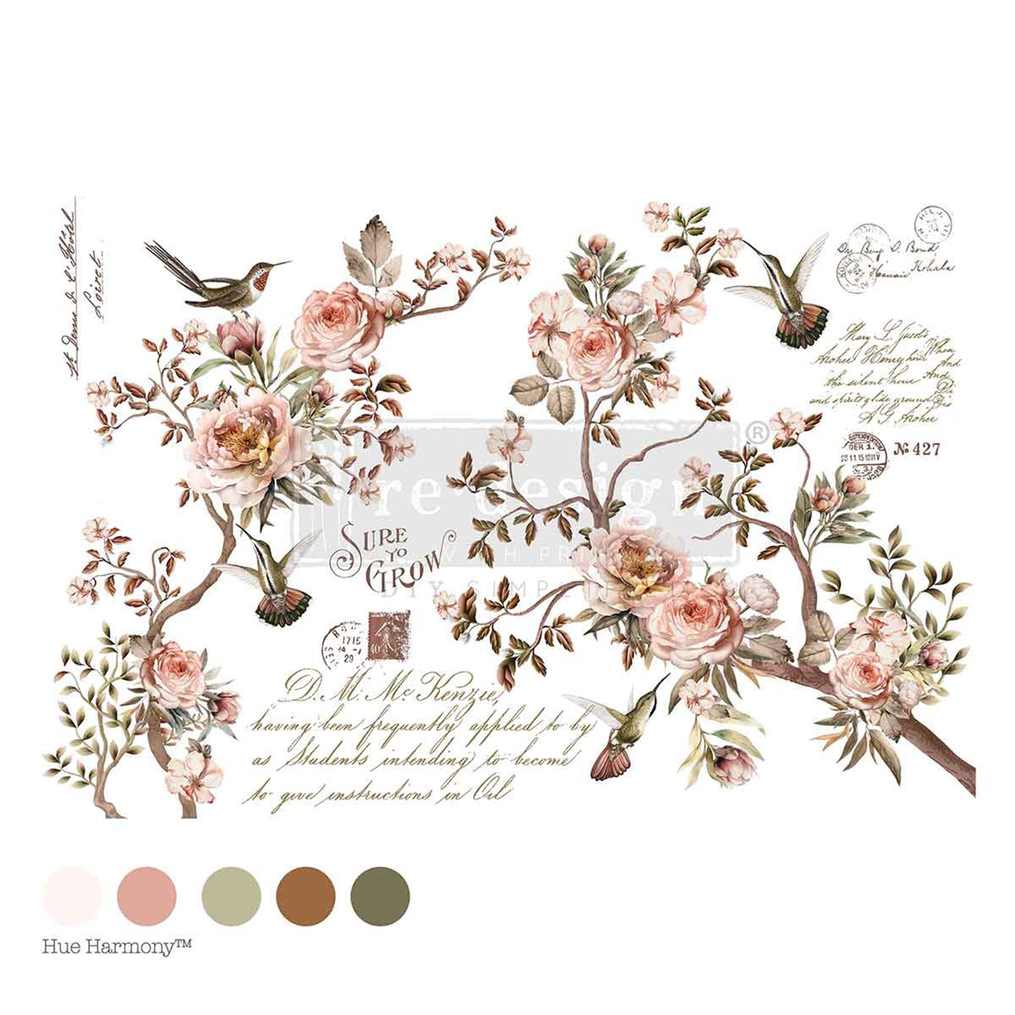 ReDesign with Prima's Blossom Sweet Transfer for furniture is against a white background with 5 matching color samples.