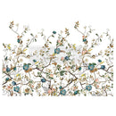 A rub-on furniture transfer featuring charming blue and cream flowers in a playful climbing vine design is against a white background.
