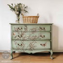 A 3-drawer dresser painted light sage green features ReDesign with Prima's Branch Harmony rub-on furniture transfer on the front.