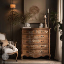 A natural wood 6-drawer chest dresser features ReDesign with Prima's Branch Harmony rub-on furniture transfer on the front.