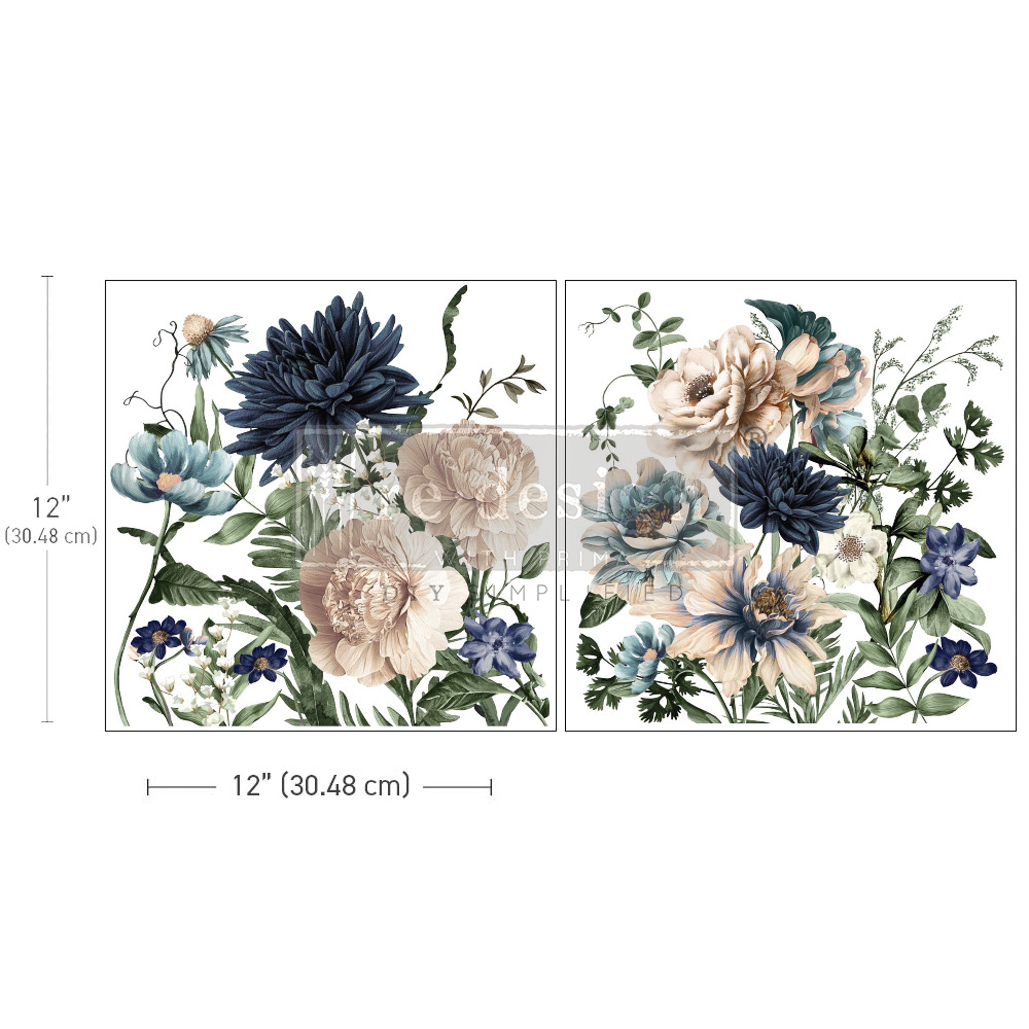 Two sheets of rub-on transfers featuring stunning floral designs in shades of light blue, navy, and blush. Measurements for 1 sheet reads 12" (30.48 cm) by 12" (30.48 cm).