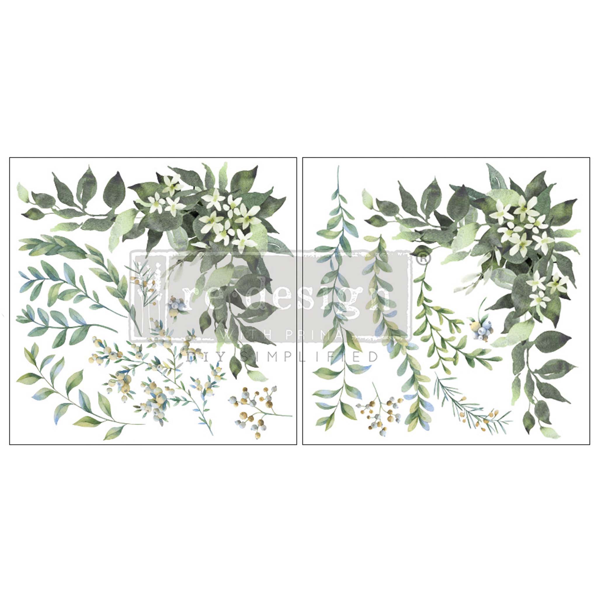 Two sheets of rub-on transfers that feature dainty white flowers against sprigs of greenery.
