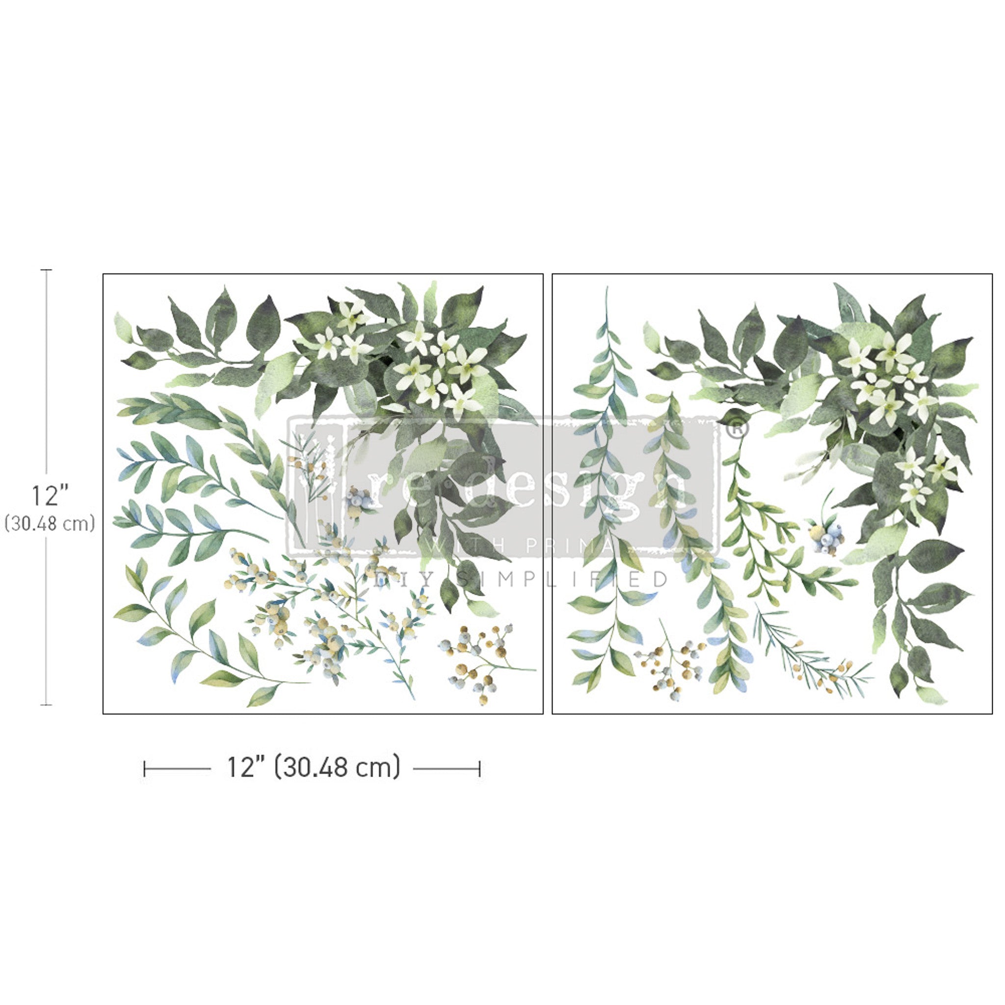 Two sheets of rub-on transfers that feature dainty white flowers against sprigs of greenery. Measurements for 1 sheet reads 12" (30.48 cm) by 12" (30.48 cm).