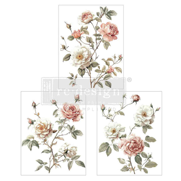 Three sheets of small rub-on transfers feature delicate pink and white roses on stems with leaves.