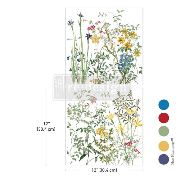 Two sheets of ReDesign with Prima's Eclat Floral small rub-on transfers are against a white background with 5 matching color samples. Measurements for 1 sheet reads 12" (30.4 cm) by 12" (30.4 cm).