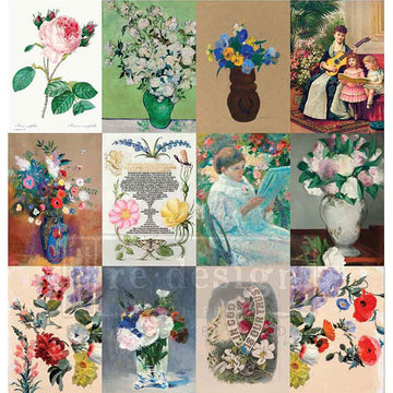Collage of various floral and portrait illustrations.