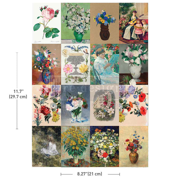 Collage of floral arrangements and scenes with measurements indicated.