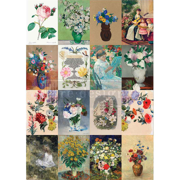 Collage of various floral arrangements and scenes from different artworks.