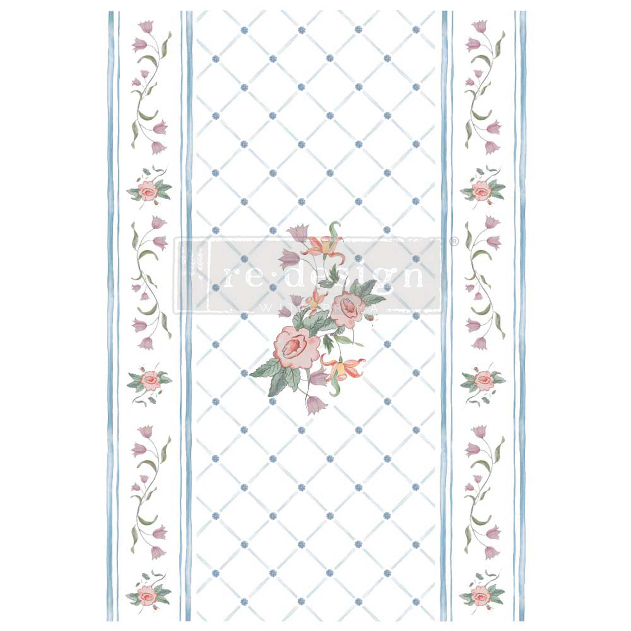 Rub-on furniture transfer that features a charming country lattice pattern with blue diamond print and beautiful roses is against a white background.