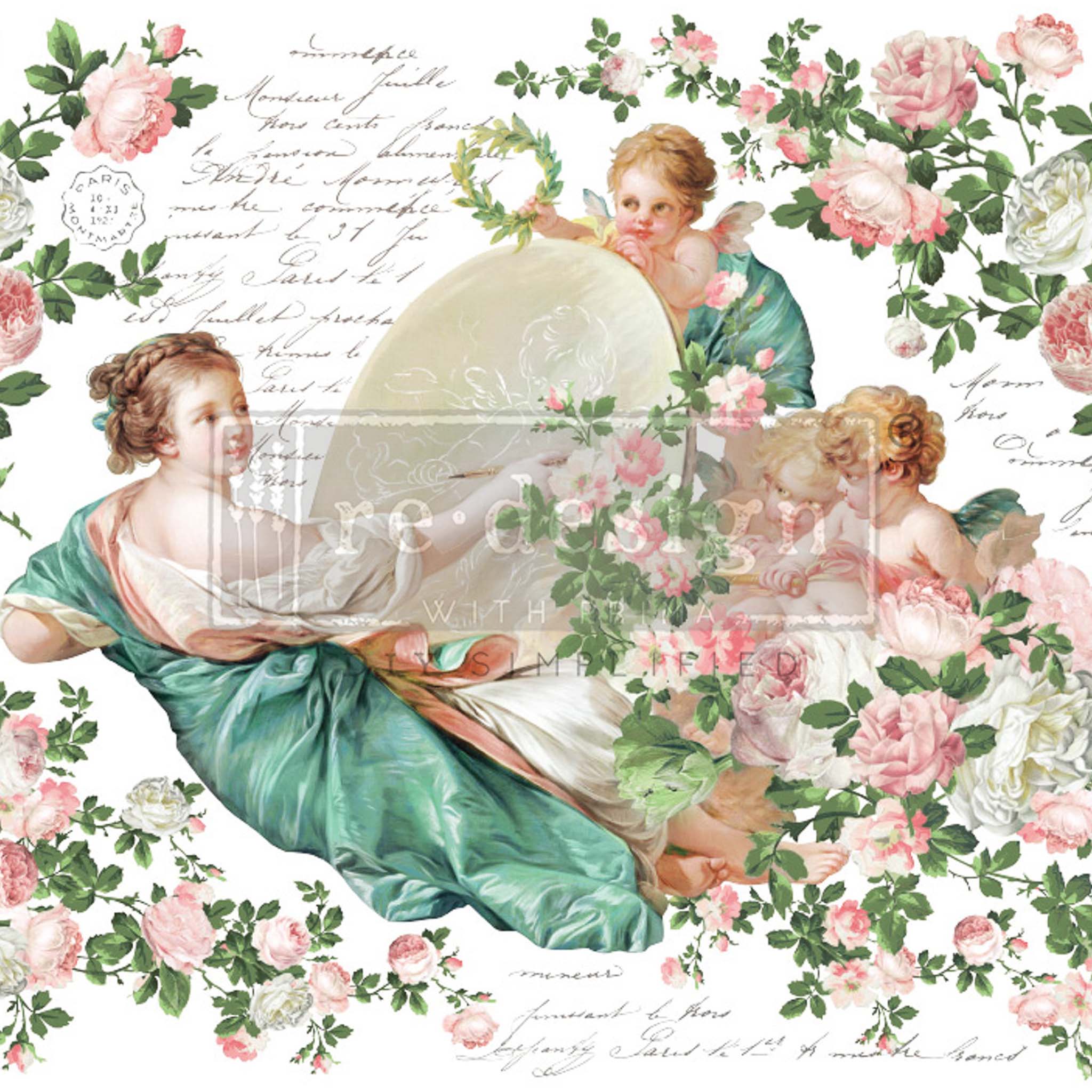 Close-up of a rub-on transfer design that features cherubic figures, elegant script, and delicate pink roses.