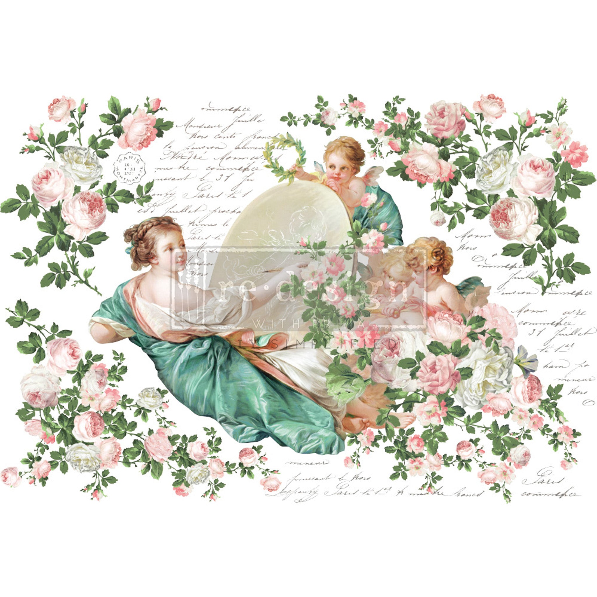 Rub-on transfer design that features cherubic figures, elegant script, and delicate pink roses.