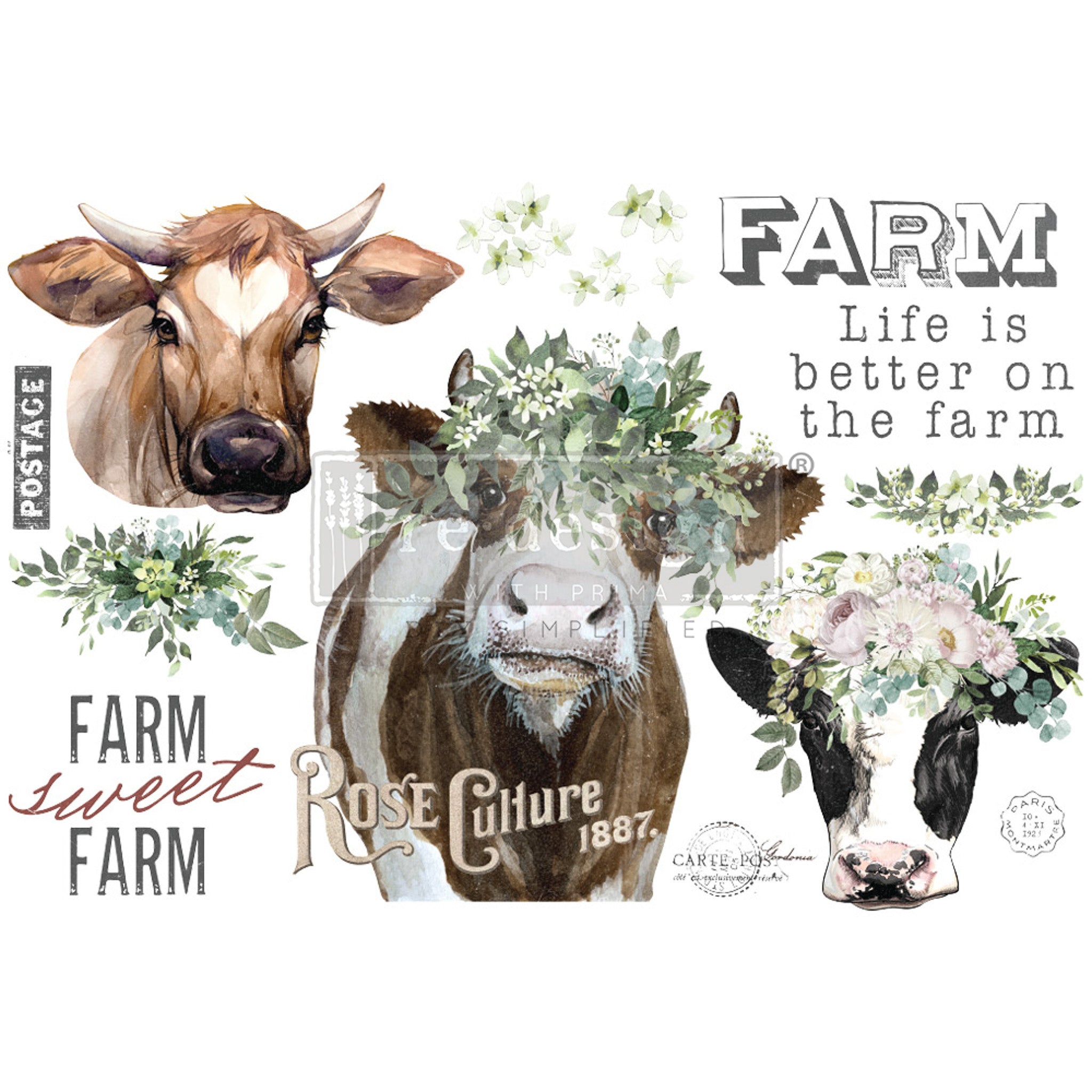 Rub-on transfer design featuring two cows wearing floral crowns and a cow with a heart adorning her forehead, along with charming flower bouquets and farm-inspired quotes.
