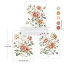 Three sheets of ReDesign with Prima's Gentle Symphony small rub-on transfers are against a white background with 5 matching color samples. Measurements for 1 sheet reads 11" (27.9 cm) by 8.5" (21.5 cm).