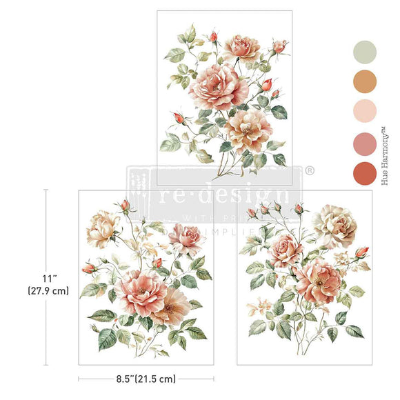 Three sheets of ReDesign with Prima's Gentle Symphony small rub-on transfers are against a white background with 5 matching color samples. Measurements for 1 sheet reads 11" (27.9 cm) by 8.5" (21.5 cm).