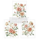 Three sheets of small rub-on transfers featuring beautiful blush and peach roses on stems with leaves are against a white background.