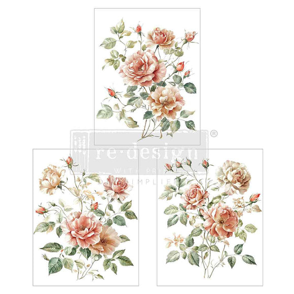 Three sheets of small rub-on transfers featuring beautiful blush and peach roses on stems with leaves are against a white background.