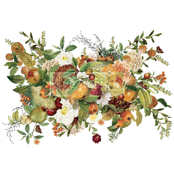 A rub-on transfer of an autumn bouquet in shades of rust, peach, and burgundy with a scattering of greenery is against a white background.