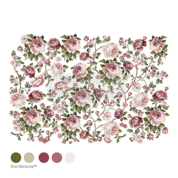 ReDesign with Prima's Kacha Blushing Blooms Symphony Transfer for furniture is against a white background with 5 matching color samples.