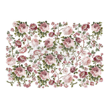 Rub-on transfer featuring delicate pink and mauve roses on lush green stems is against a white background.