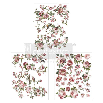 Three sheets of small rub-on transfers featuring pink and mauve roses with birds amongst them are against a white background.